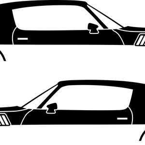May include: Two black silhouette illustrations of a classic sports car, side view. The cars have a sleek, low profile with a long hood, a sloped roofline, and a spoiler. The wheels are visible, and the design is minimalist.