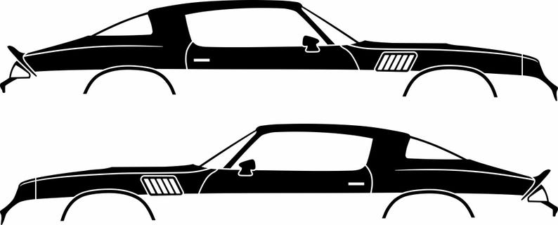 May include: Two black silhouette illustrations of a classic sports car, side view. The cars have a sleek, low profile with a long hood, a sloped roofline, and a spoiler. The wheels are visible, and the design is minimalist.