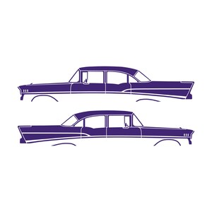Set Of 2 Lowered Car Silhouette Decal Stickers For 1957 Chevrolet Bel Air 4-door Sedan Coupe Purple