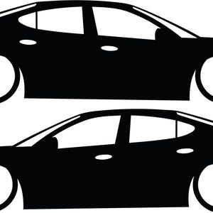 May include: Two black sedan car silhouettes with white wheels are depicted against a white background. The cars are side-view illustrations, showcasing the vehicle's shape and design. The image is a simple, graphic representation of a car.