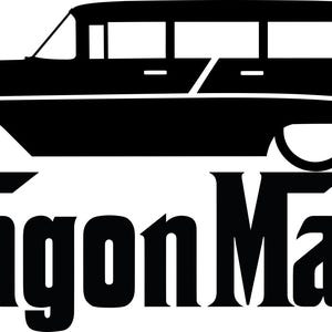 May include: A black silhouette of a classic estate car with the text "WagonMafia" beneath. The car's design is vintage, with visible wheels and windows. The text is in a bold, stylized font, suitable for car lovers.
