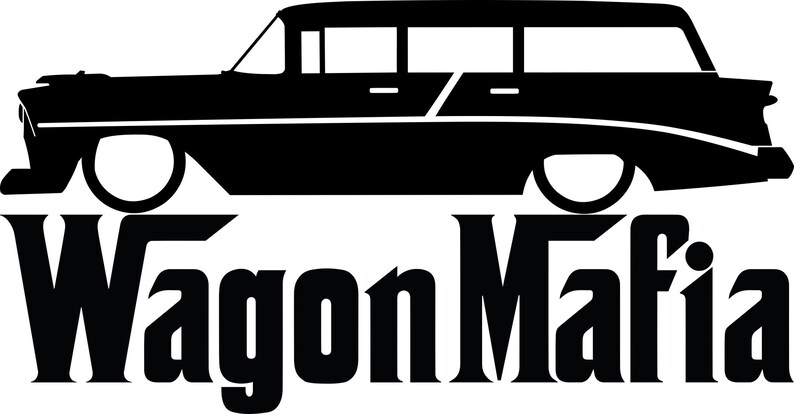 May include: A black silhouette of a classic estate car with the text "WagonMafia" beneath. The car's design is vintage, with visible wheels and windows. The text is in a bold, stylized font, suitable for car lovers.