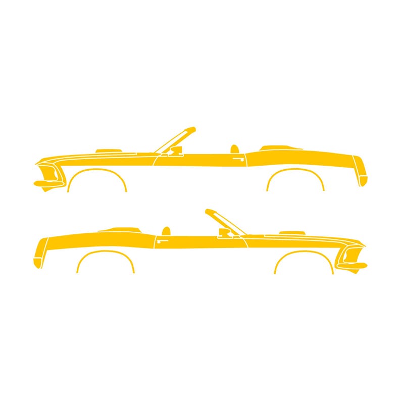 Conjunto de 2 adesivos com a silhueta de um carro rebaixado para Ford Mustang Conversível de 1969. Amarelo