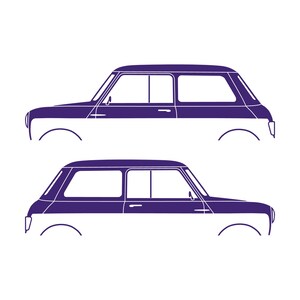 Set mit 2 Auto-Silhouette-Aufklebern für den klassischen Mini Cooper Mk1 Hatchback Lila