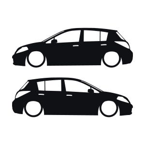 May include: A black silhouette graphic featuring two identical hatchback car profiles facing in opposite directions. The design displays the side view of the vehicles with clear outlines of the windows, doors, headlights, and taillights in solid black.