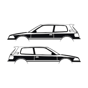 Può includere: Un'illustrazione grafica in bianco e nero che mostra due sagome di profilo laterale di un'auto hatchback. L'auto in alto è rivolta a sinistra, quella in basso a destra. Entrambi i veicoli presentano uno spoiler posteriore e contorni dei finestrini.