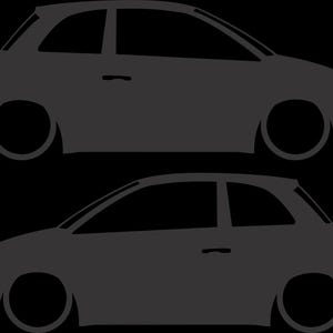 May include: Two gray silhouette illustrations of a compact car, one above the other, against a black background. The cars have a rounded hatchback design with large wheels, suggesting a lowered suspension. The overall design is minimalist.