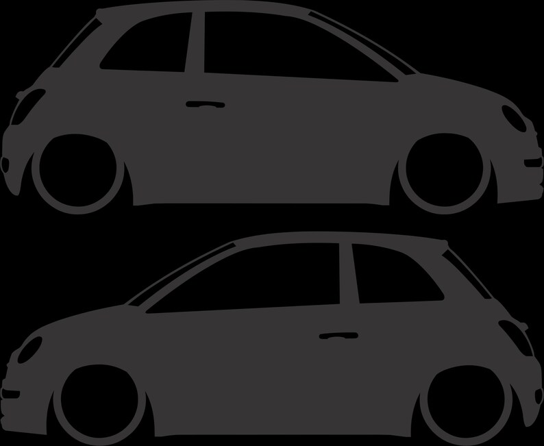 May include: Two gray silhouette illustrations of a compact car, one above the other, against a black background. The cars have a rounded hatchback design with large wheels, suggesting a lowered suspension. The overall design is minimalist.