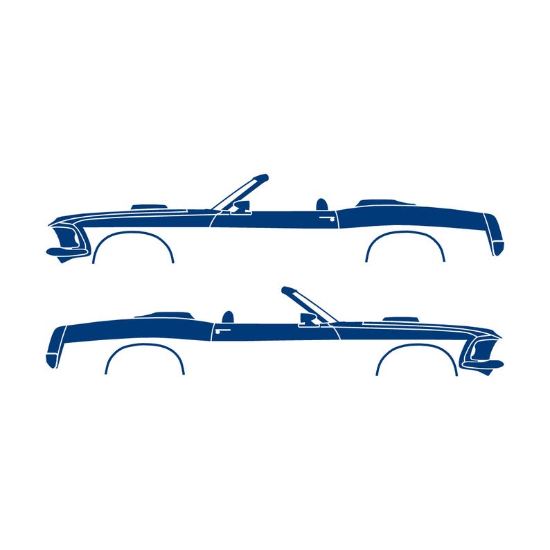 Conjunto de 2 adesivos com a silhueta de um carro rebaixado para Ford Mustang Conversível de 1969. Azul
