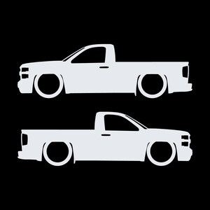 Set Of 2 Lowered Car Silhouette Decal Stickers For Chevrolet Silverado Reg Cab 2014-19 White
