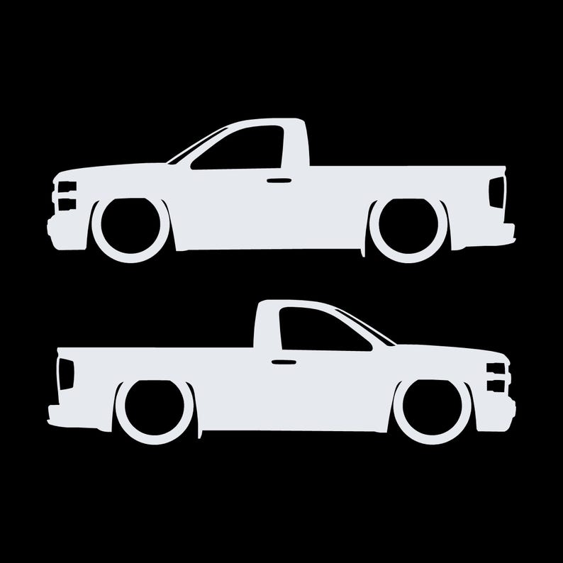 Set Of 2 Lowered Car Silhouette Decal Stickers For Chevrolet Silverado Reg Cab 2014-19 White