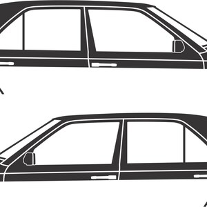 May include: Two side-view illustrations of a classic sedan. The cars are depicted in a minimalist style, with a black roof and trim contrasting against a white body. The design highlights the car's silhouette, including windows and wheel arches.