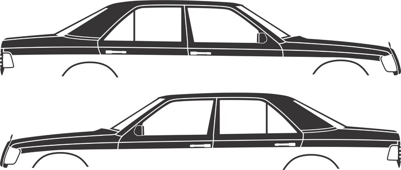 May include: Two side-view illustrations of a classic sedan. The cars are depicted in a minimalist style, with a black roof and trim contrasting against a white body. The design highlights the car's silhouette, including windows and wheel arches.