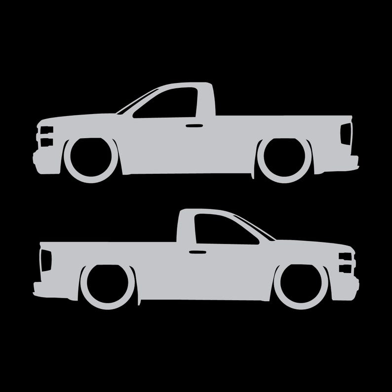 Set Of 2 Lowered Car Silhouette Decal Stickers For Chevrolet Silverado Reg Cab 2014-19 Silver