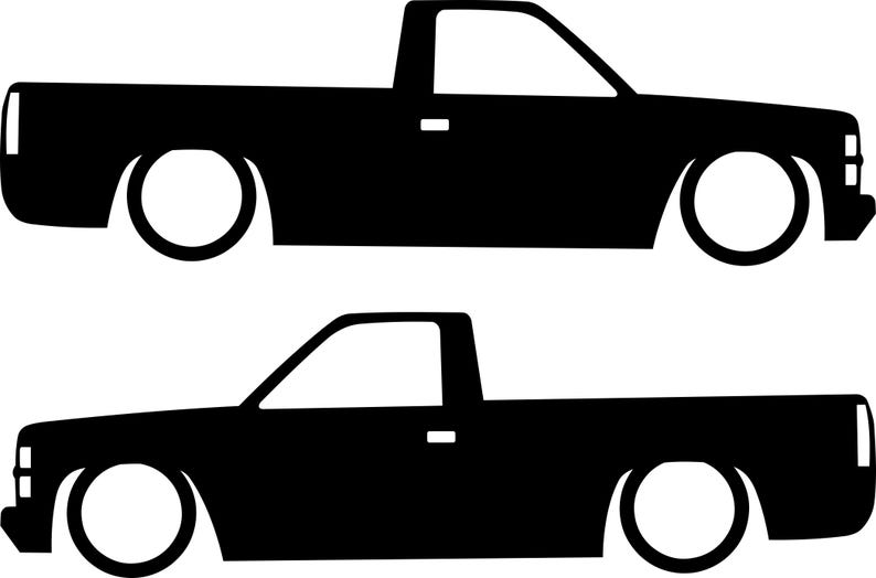 May include: Black silhouette of two lowered pickup trucks. The trucks have a classic design with a single cab and a flatbed. The wheels are large and the trucks are close to the ground.