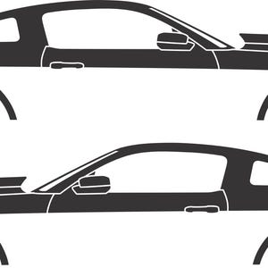May include: Two side-view illustrations of a black and white sports car. The cars have a sleek, aerodynamic design with a low profile, featuring curved lines and a prominent hood scoop. The wheels are partially visible.