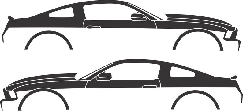 May include: Two side-view illustrations of a black and white sports car. The cars have a sleek, aerodynamic design with a low profile, featuring curved lines and a prominent hood scoop. The wheels are partially visible.