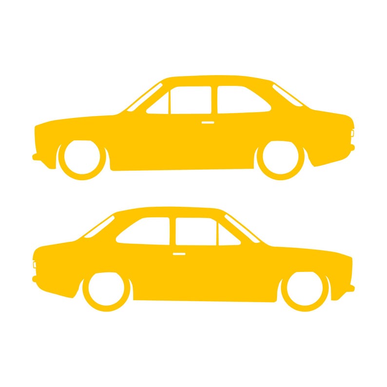 Set Of 2 Lowered Car Silhouette Decal Stickers For Ford Escort Mk1 3-door Hatchback Yellow