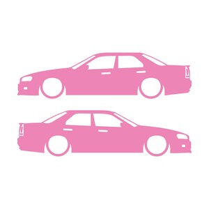 Set Of 2 Lowered Car Silhouette Decal Stickers For Nissan Skyline R34 4-door Sedan Soft Pink
