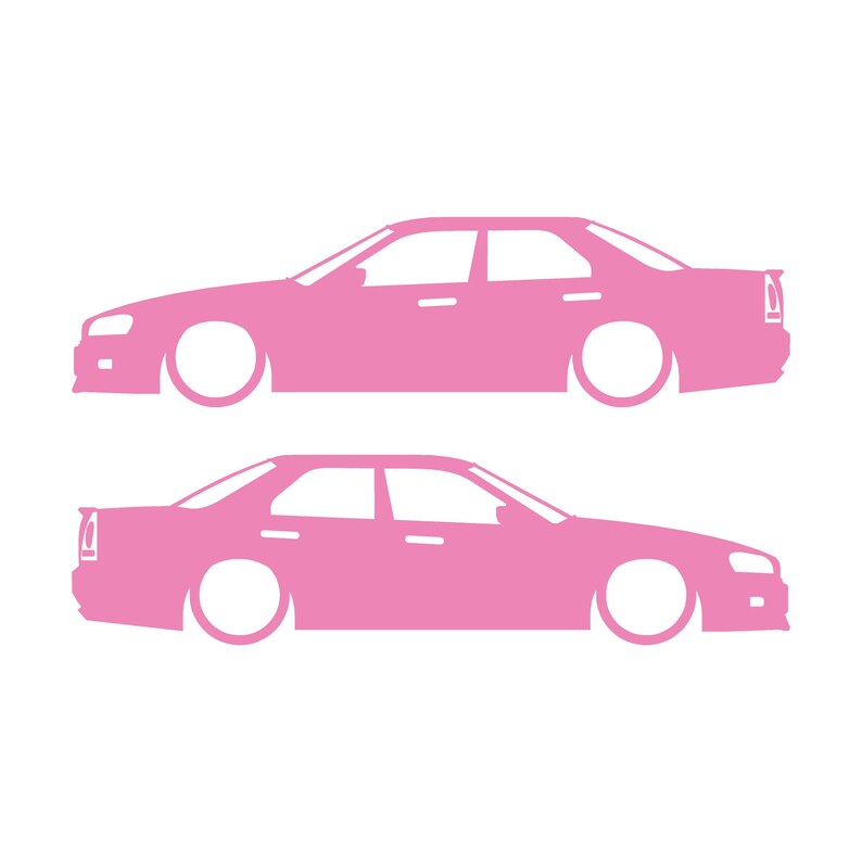 Set Of 2 Lowered Car Silhouette Decal Stickers For Nissan Skyline R34 4-door Sedan Soft Pink