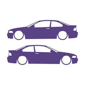 Set van 2 verlaagde autosilhouet-stickers voor BMW E46 3-serie coupé (pre-facelift). Paars