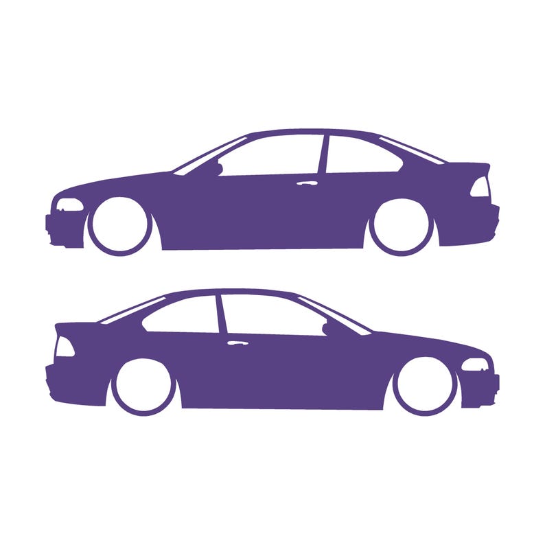 Set van 2 verlaagde autosilhouet-stickers voor BMW E46 3-serie coupé (pre-facelift). Paars