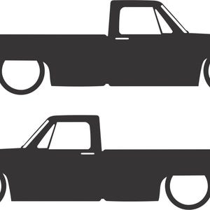 May include: Two black silhouette images of a lowered pickup truck. The trucks have a single cab design with large wheels and a low profile. The image is a simple, graphic representation of a classic truck.