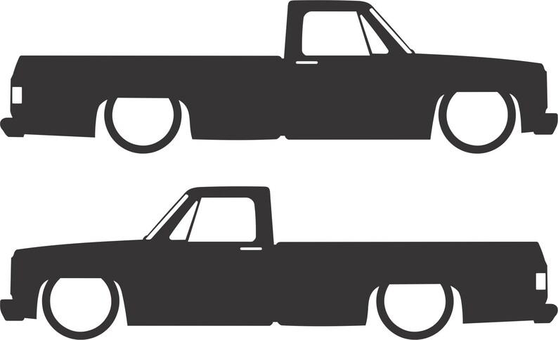 May include: Two black silhouette images of a lowered pickup truck. The trucks have a single cab design with large wheels and a low profile. The image is a simple, graphic representation of a classic truck.
