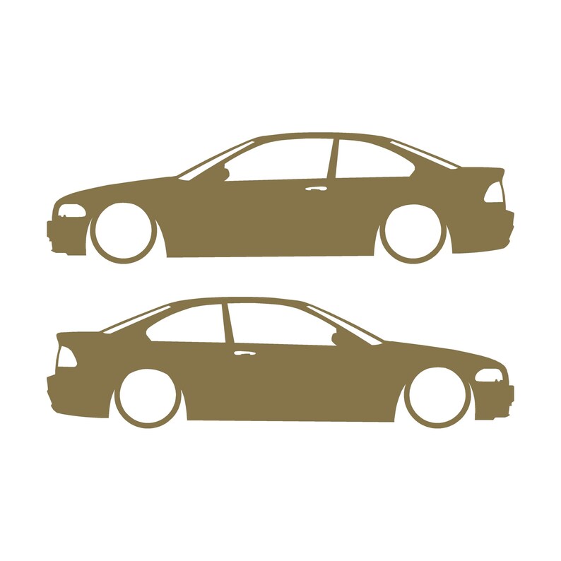 Set van 2 verlaagde autosilhouet-stickers voor BMW E46 3-serie coupé (pre-facelift). Goud