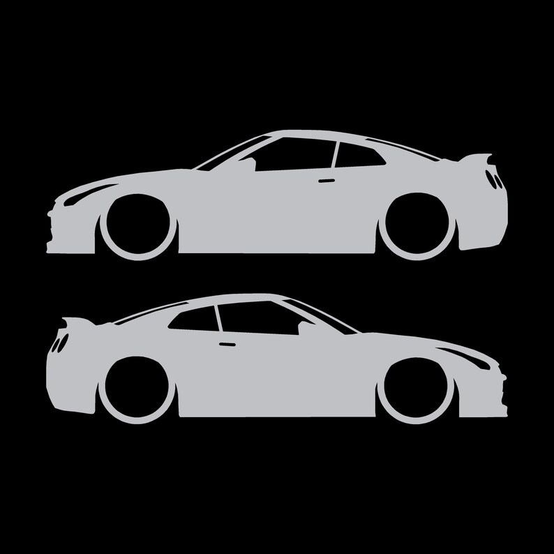 Set Of 2 Lowered Car Silhouette Decal Stickers For Nissan GT-R R35 Silver