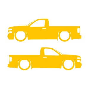 Set Of 2 Lowered Car Silhouette Decal Stickers For Chevrolet Silverado Reg Cab 2014-19 Yellow