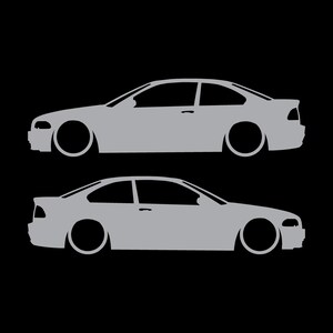Set van 2 verlaagde autosilhouet-stickers voor BMW E46 3-serie coupé (pre-facelift). Zilver