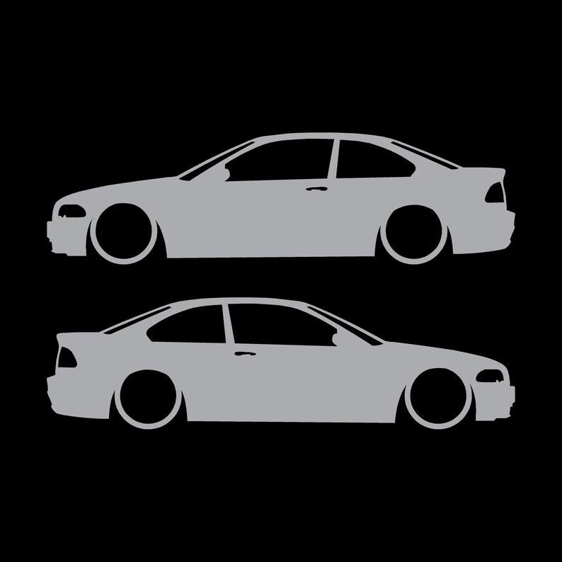Set van 2 verlaagde autosilhouet-stickers voor BMW E46 3-serie coupé (pre-facelift). Zilver