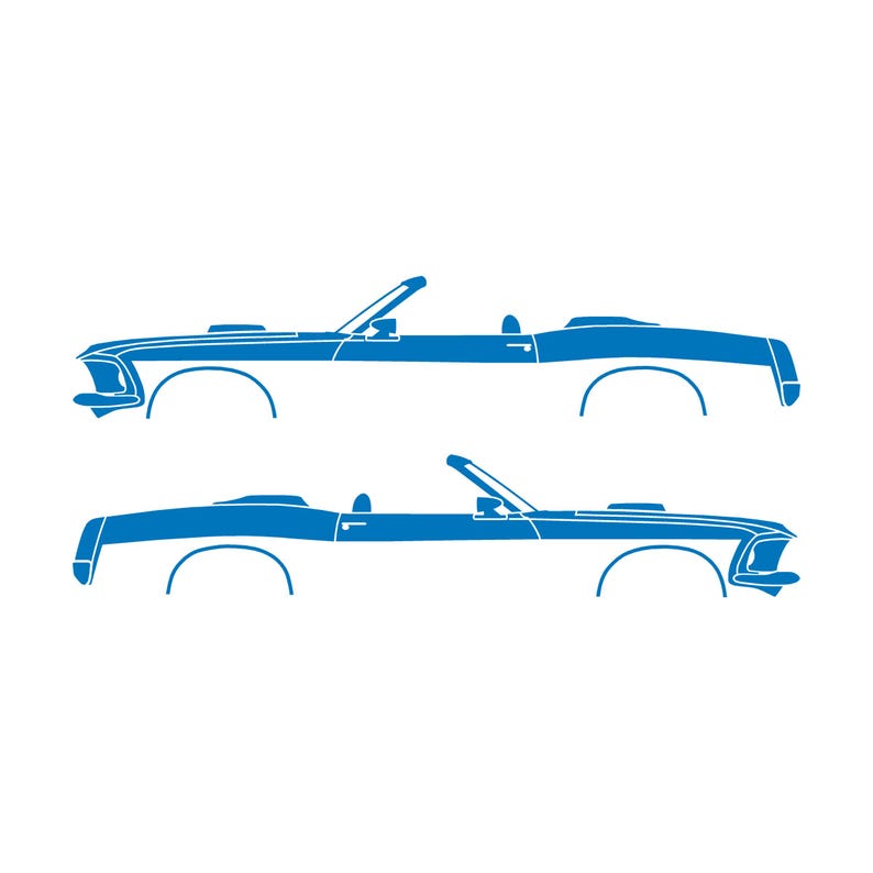 Conjunto de 2 adesivos com a silhueta de um carro rebaixado para Ford Mustang Conversível de 1969. Sky Blue