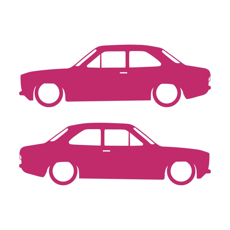 Set Of 2 Lowered Car Silhouette Decal Stickers For Ford Escort Mk1 3-door Hatchback Pink