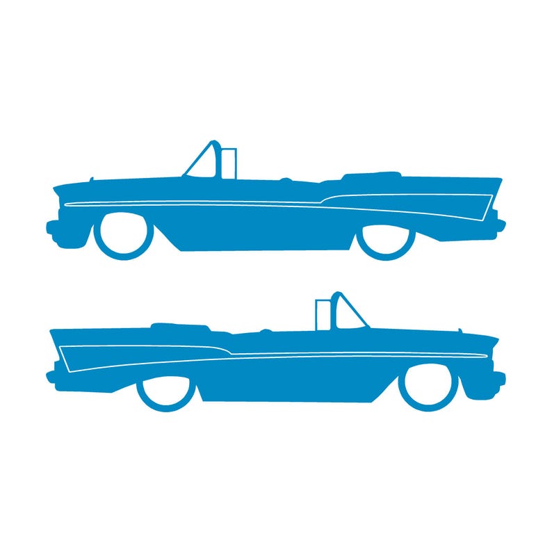 Set Of 2 Lowered Car Silhouette Decal Stickers For 1957 Chevrolet Bel Air Convertible Coupe Light Blue
