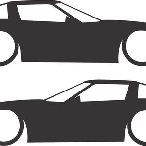 May include: Two black silhouette illustrations of a sports car, side view. The cars have a sleek, low profile with large, circular wheels and a distinctive roofline. The design is minimalist, with clean lines and a focus on the car's shape.