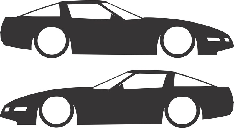 May include: Two black silhouette illustrations of a sports car, side view. The cars have a sleek, low profile with large, circular wheels and a distinctive roofline. The design is minimalist, with clean lines and a focus on the car's shape.