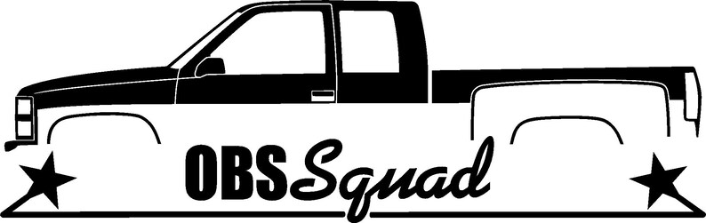 Puede incluir: Silueta en blanco y negro de una camioneta pickup con el texto "OBS Squad" debajo. La camioneta tiene una caja grande y una cabina simple.