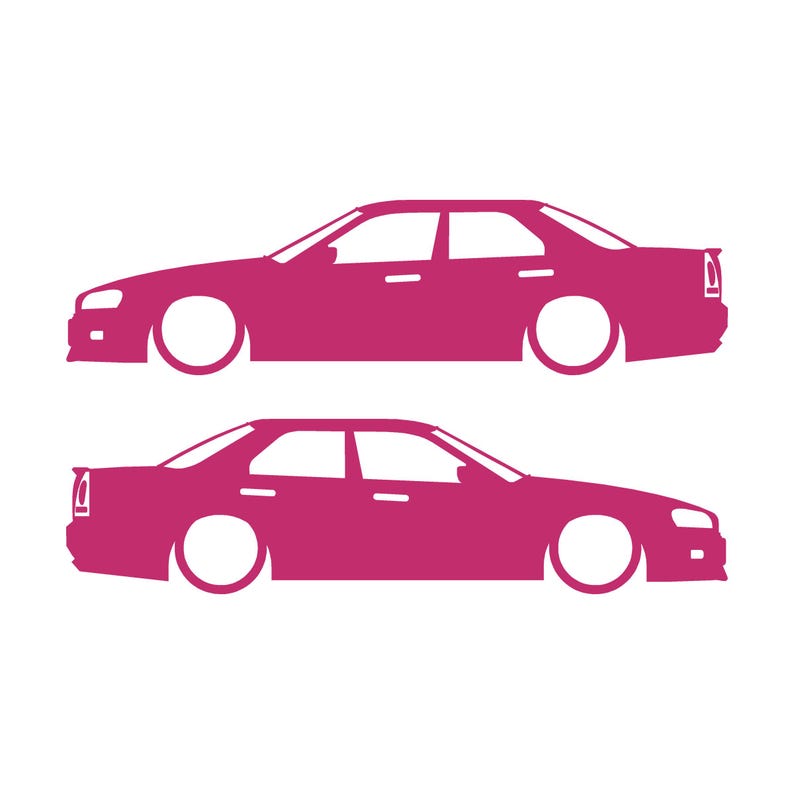 Set Of 2 Lowered Car Silhouette Decal Stickers For Nissan Skyline R34 4-door Sedan Pink