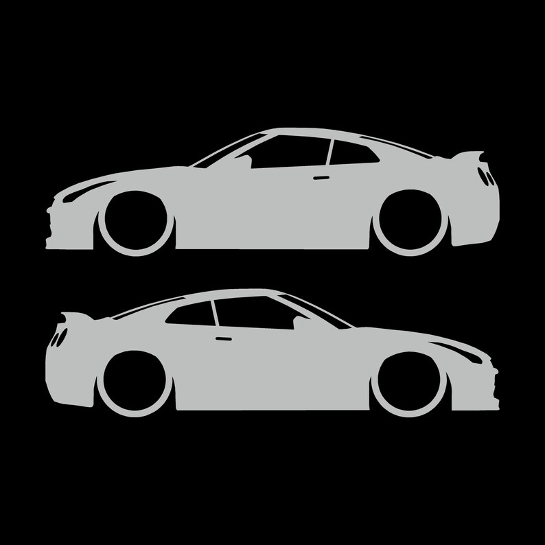 Set Of 2 Lowered Car Silhouette Decal Stickers For Nissan GT-R R35 Light Grey