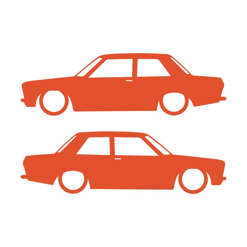 Set med 2 sänkta silhuettdekaler för Datsun 510 Bluebird Sedan 2-dörrars Coupé Orange