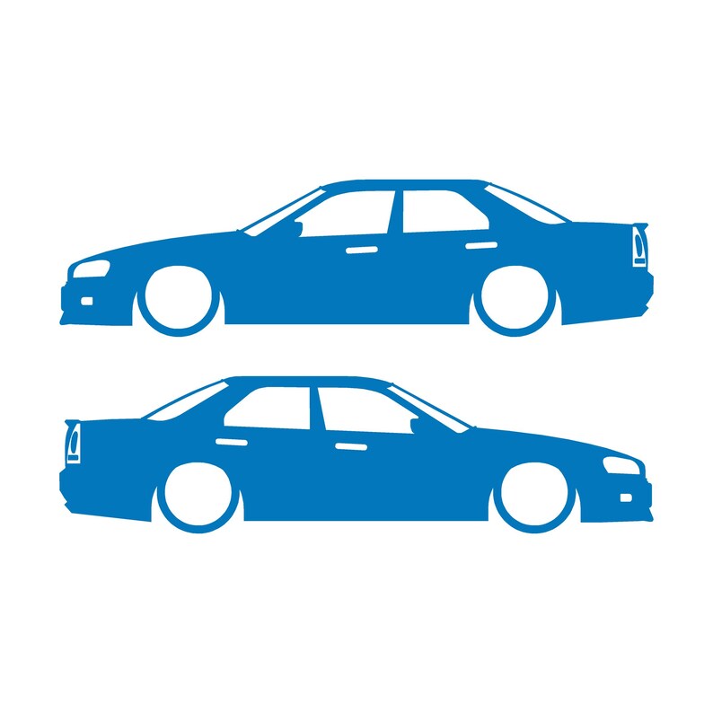 Set Of 2 Lowered Car Silhouette Decal Stickers For Nissan Skyline R34 4-door Sedan Sky Blue