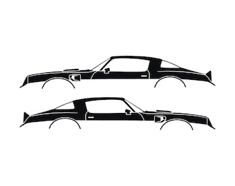 Puede incluir: Un gráfico de silueta negra que presenta dos perfiles de coche idénticos orientados en direcciones opuestas. Cada diseño de coche muestra un capó largo, un alerón trasero distintivo y una forma de carrocería baja en color negro sólido.