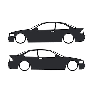 Set van 2 verlaagde autosilhouet-stickers voor BMW E46 3-serie coupé (pre-facelift). Zwart