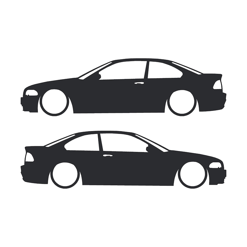 Set van 2 verlaagde autosilhouet-stickers voor BMW E46 3-serie coupé (pre-facelift). Zwart