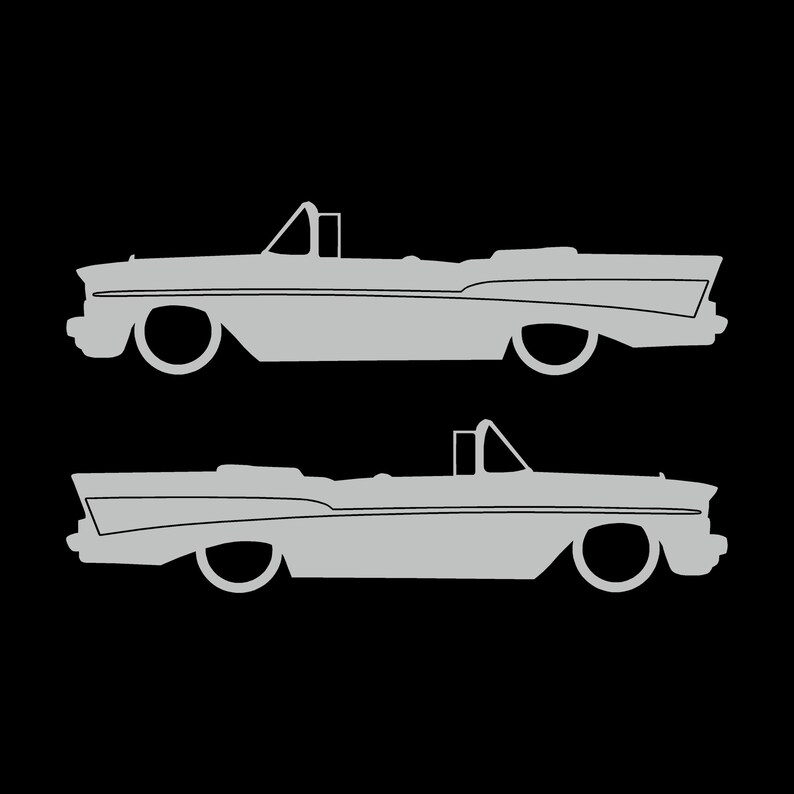 Set Of 2 Lowered Car Silhouette Decal Stickers For 1957 Chevrolet Bel Air Convertible Coupe Light Grey