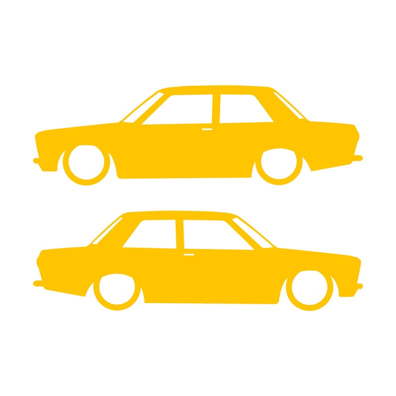 Set med 2 sänkta silhuettdekaler för Datsun 510 Bluebird Sedan 2-dörrars Coupé Gul