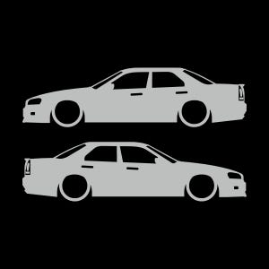 Set Of 2 Lowered Car Silhouette Decal Stickers For Nissan Skyline R34 4-door Sedan Light Grey