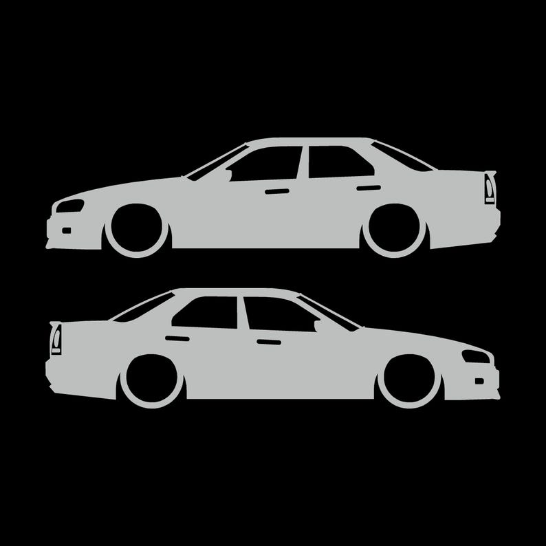 Set Of 2 Lowered Car Silhouette Decal Stickers For Nissan Skyline R34 4-door Sedan Light Grey
